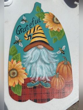 Hand Crafted Teal Pumpkin Gnome with Sunflowers and Pumpkins
